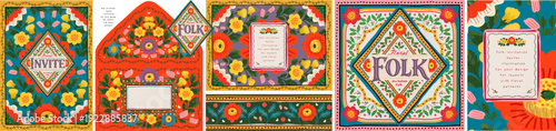 Floral folk invitation. Vector traditional decorative flowers and plant, ornament, pattern, frame, seamless border, envelope for greeting card, event template, wedding invite, flyer or background