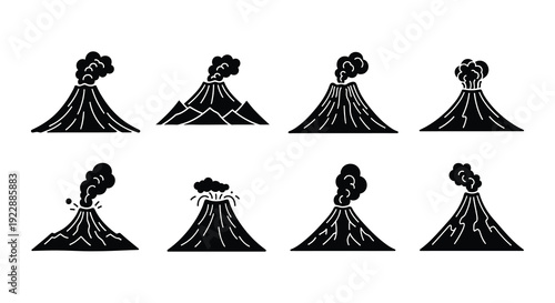 Stylized depictions of erupting volcanoes in a black and white design