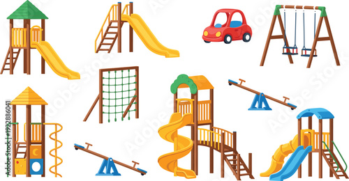 Children playground equipment illustration, slides swings seesaw climbing frame and play structures set, outdoor park recreation, kids activity concept