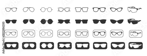 Modern Sunglasses and Eyewear Icon Set.Line and Solid Black Glasses Collection.