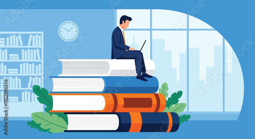 Person in a suit sits on a stack of large books, working on a laptop. Background includes a clock, bookshelf, and cityscape window in a calm setting.
