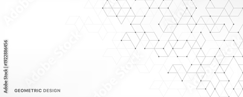 Abstract geometric 3D cube structure with connected lines and dots on white background. Concept of digital technology, blockchain, data visualization, architecture, innovation and modern design