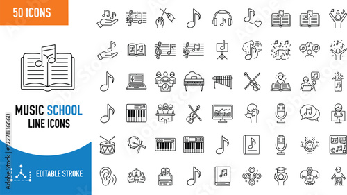 Set of 50 editable music school icons for instrumental training professional conservatory branding and educational applications