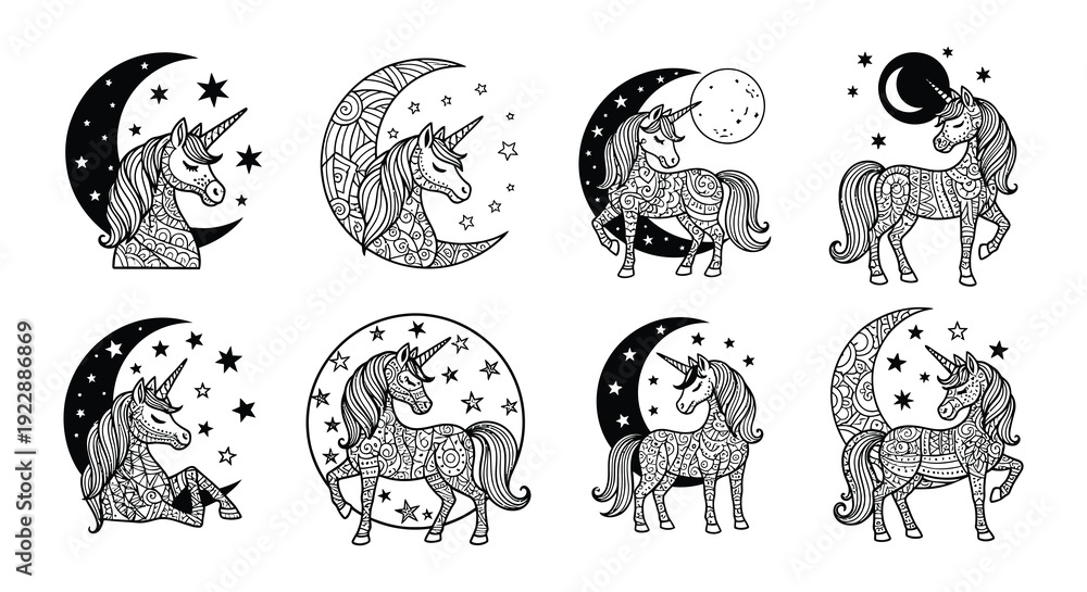 Obraz premium Intricate black and white illustrations of unicorns with lunar motifs