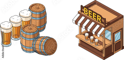 Isometric beer shop illustration, wooden barrels and glass mugs, craft brewery stall, alcohol beverage store, pub market kiosk concept, foamy lager