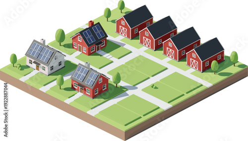 Isometric solar powered village illustration, eco friendly houses with rooftop panels, sustainable residential neighborhood, renewable energy community, green living concept