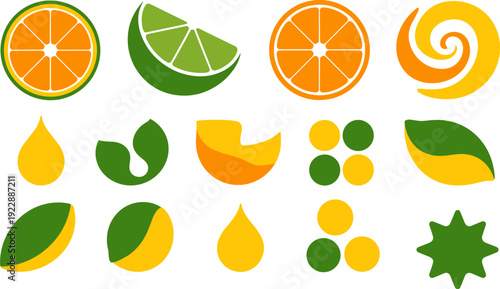 Colorful fruit and leaf icon illustration, citrus slice designs, abstract droplets, fresh organic symbols, tropical nature branding vector artwork