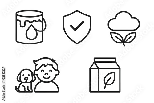 A collection of five minimalist black and white line icons featuring a paint bucket, a shield with a checkmark, a cloud with leaves, a boy with a dog, and an eco-friendly carton.