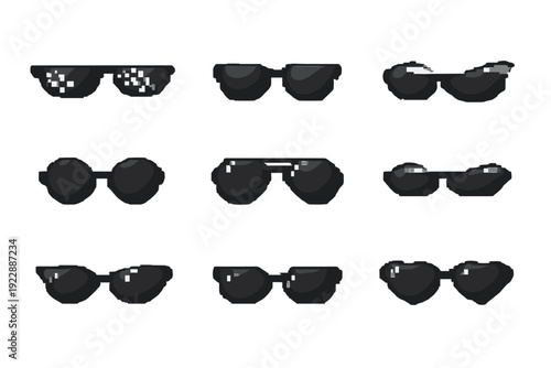 A collection of nine different black sunglasses styles arranged in a three by three grid on a black background. The set includes pixelated, round, heart-shaped, and aviator designs.