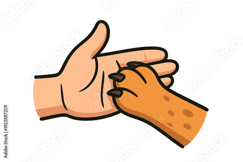 A cartoon illustration showing a human hand and a spotted dog paw meeting in a handshake or high-five gesture, representing trust and companionship on a black background.