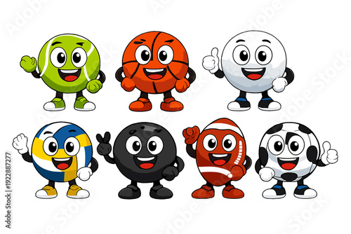 A collection of seven cheerful cartoon sports ball characters with expressive faces and limbs, including a soccer ball, basketball, and football, isolated on a black background.