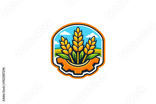 A stylized emblem featuring three golden wheat stalks growing from an orange gear against a blue sky with clouds and green fields, representing agricultural industry and technology.