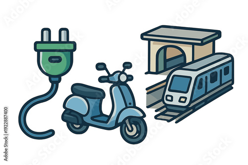 An illustration showcasing a green electric power plug, a blue motor scooter, and a train at a station platform, highlighting sustainable urban transportation and mobility.