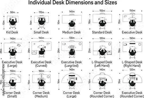 Architectural floor plan vector set of fifteen office desk dimensions and sizes including executive corner and L-shaped workstations with top view people