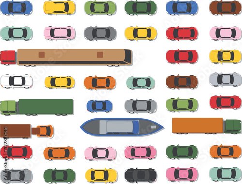 Flat vector illustration set of colorful cars trucks semi trailers a boat and a long limousine seen from top view for city traffic maps