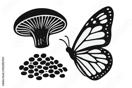 A minimalist black and white graphic illustration featuring a mushroom with visible gills, a monarch butterfly, and a pile of small seeds or spores against a dark background.