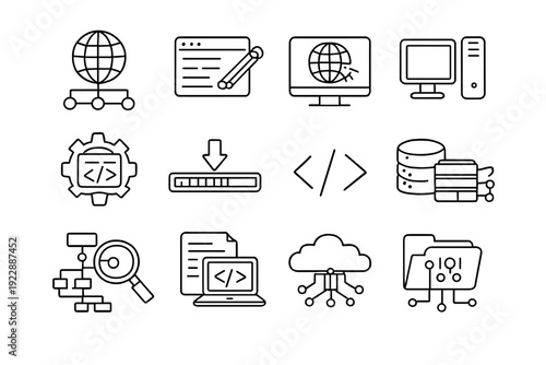 This set of twelve white line icons on a black background features symbols for web development, coding, data management, cloud computing, and various technology concepts.