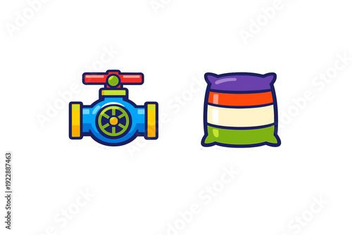 Two colorful cartoon icons featuring a blue industrial water valve with a red handle and a striped sack with purple, orange, white, and green layers on a black background.