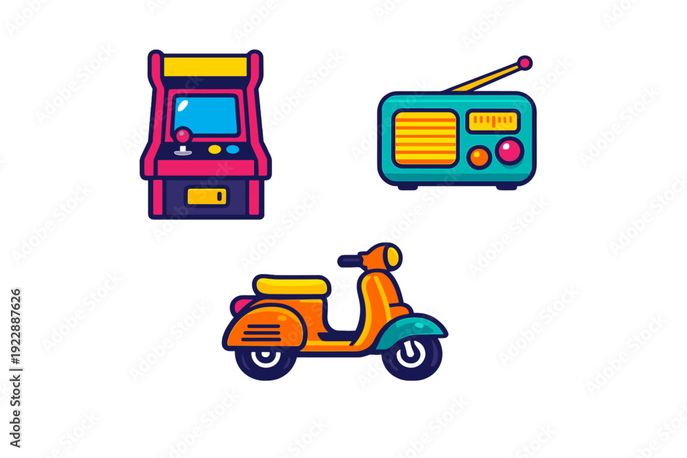 Naklejka premium A collection of three retro-themed icons featuring a classic arcade game machine, a vintage transistor radio with an antenna, and a stylish orange motor scooter on a black background.