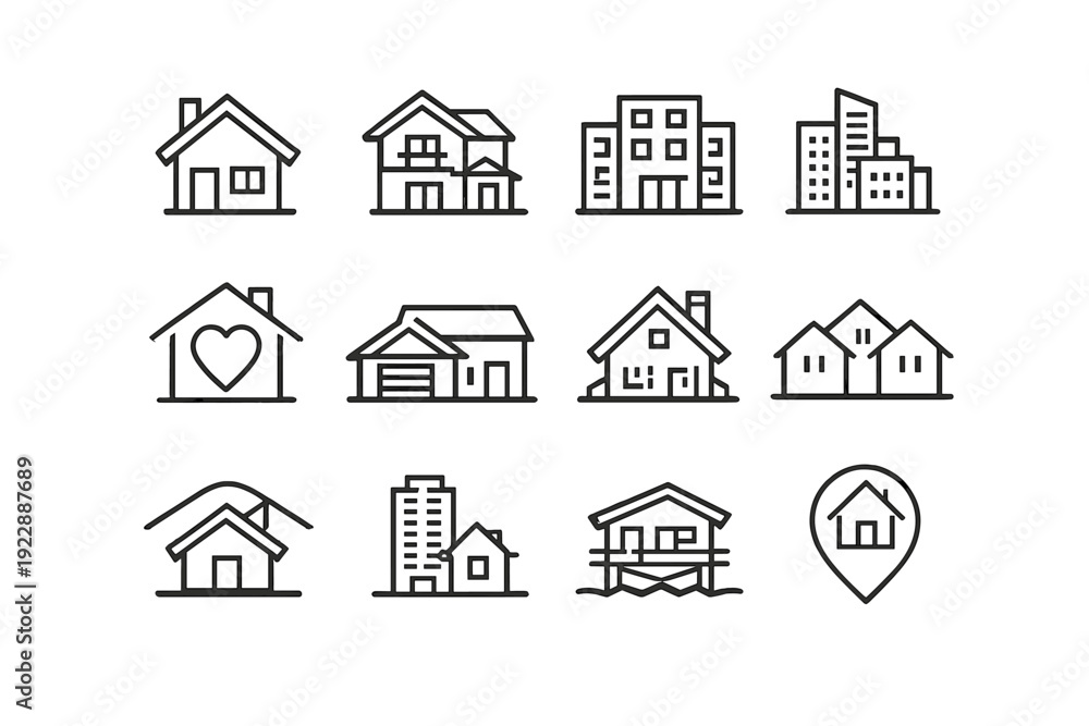 Fototapeta premium A collection of twelve minimalist black and white line icons representing various real estate and housing concepts, including houses, apartments, and location markers on a white background.
