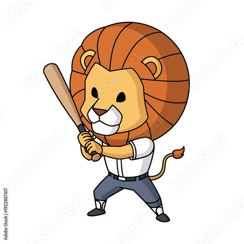 Cartoon Lion Character Playing Baseball With Bat.