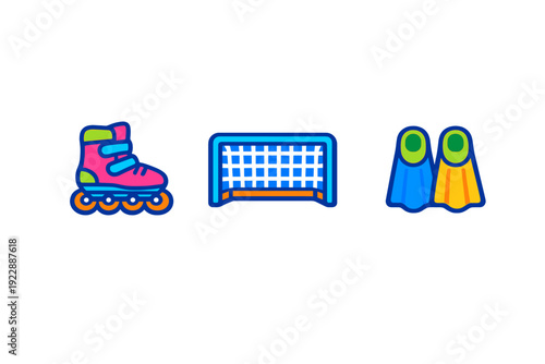 A collection of three colorful sports equipment icons including a pink rollerblade, a blue soccer goal, and a pair of swim fins, all set against a solid black background.