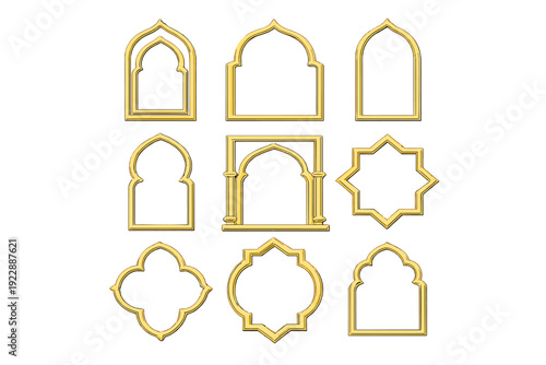 Set of nine golden metallic frames in traditional Islamic architectural styles including arches and geometric patterns, isolated on a solid black background for design.