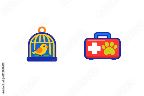 Two colorful flat icons on a black background featuring a yellow bird inside a blue birdcage and a red pet first aid kit with a white cross and a green paw print symbol.