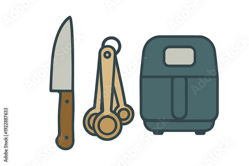 This minimalist poster graphic displays icons of a chef knife, measuring spoons, and an air fryer on a solid black background. Perfect for modern kitchen, cooking, and food preparation concepts.