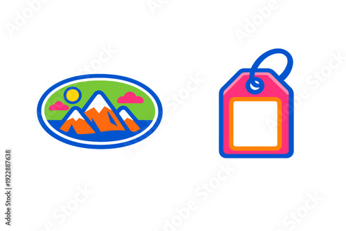 A flat vector illustration featuring a colorful mountain landscape badge and a pink luggage tag icon on a black background. The design uses vibrant colors and bold blue outlines.