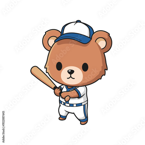 Cute Cartoon Bear Playing Baseball with Bat and Cap.