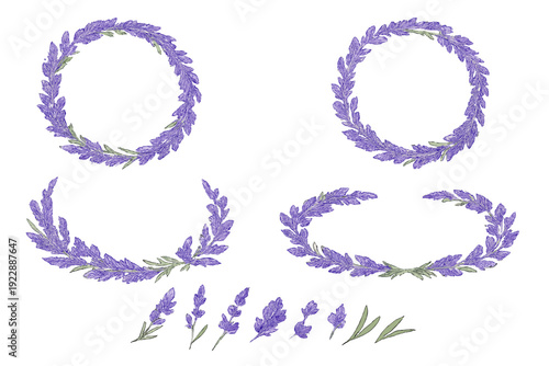 A collection of hand-drawn lavender illustrations featuring circular and oval wreaths, semi-circular frames, and individual flower sprigs with green leaves on a black background.