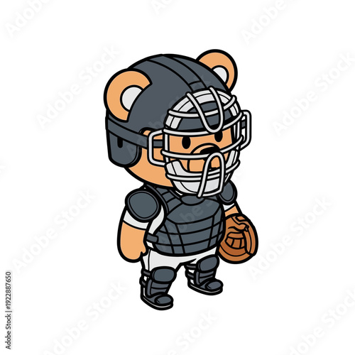 Cute cartoon bear character dressed as a baseball catcher.