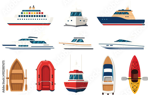 Vector illustration set of diverse boats including luxury cruise ships yachts speedboats rowboats and kayaks for nautical travel marine transportation and summer vacation branding