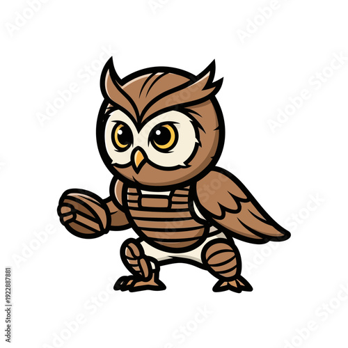 Cute cartoon owl wearing baseball catcher gear ready to play.