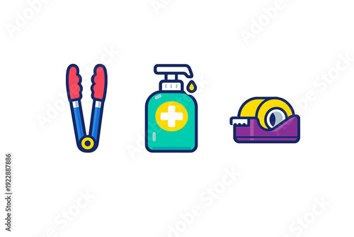 A set of three colorful flat icons featuring kitchen tongs, a hand sanitizer bottle with a cross symbol, and a tape dispenser, all isolated on a solid black background.