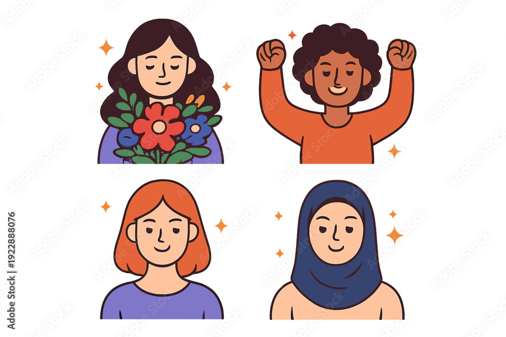 Fototapeta premium This illustration features four diverse women celebrating empowerment. It includes a woman with flowers, one with raised fists, and another wearing a hijab against a black background.
