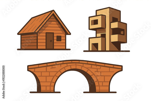 A minimalist illustration featuring three architectural structures: a wooden cabin, a brutalist geometric building, and a stone arch bridge, all set against a dark background.
