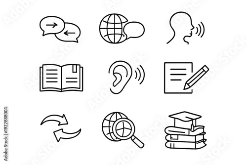 A collection of nine black line icons representing language learning and education concepts like speaking, listening, reading, writing, and global communication on a white background.