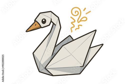 A digital illustration of a white origami swan with a yellow beak and black eye, set against a solid black background with decorative yellow swirls floating behind its back.