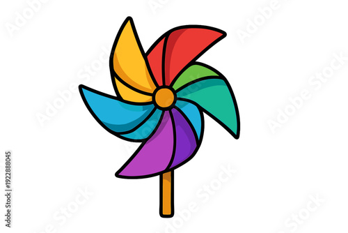 A colorful pinwheel illustration with vibrant blades in yellow, red, green, blue, and purple. This vector graphic features a central orange hub and a short handle on a black background.