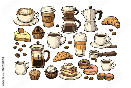 A hand-drawn collection of various coffee drinks and pastries on a black background, including espresso, latte, croissants, donuts, and brewing equipment like a French press and moka pot.