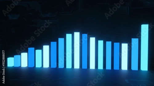 Animated 3D bar chart showing data growth and decline in blue neon light. Digital business graph with fluctuating values on a dark background.