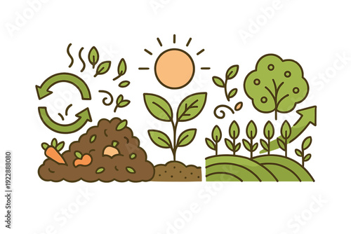 A flat design illustration showing the process of composting organic waste into nutrient-rich soil to grow healthy plants and trees in a sustainable agricultural environment.