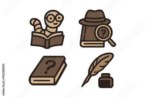 A set of four brown icons featuring a bookworm reading, a mystery book with a detective hat and magnifying glass, a book with a question mark, and a quill pen with an inkwell.