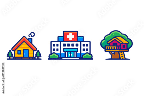 Three colorful vector icons representing different types of buildings: a cozy wooden cabin with pine trees, a modern hospital with a red cross, and a playful treehouse in a green tree.