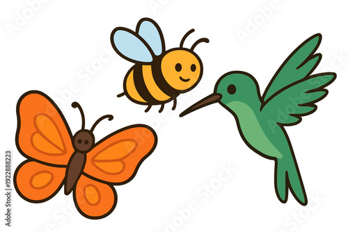 A cute cartoon illustration featuring an orange butterfly, a yellow bumblebee, and a green hummingbird flying together against a solid black background in a simple flat style.