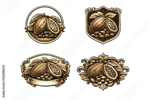 Four vintage cocoa pod illustrations in various decorative frames. Each emblem shows whole and halved cocoa pods with beans in a detailed, hand-drawn engraving style.