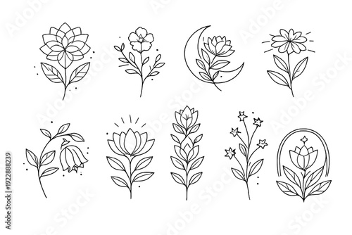 This set features nine elegant black and white botanical line art drawings including flowers, leaves, a crescent moon, and stars, all presented on a dark black background.