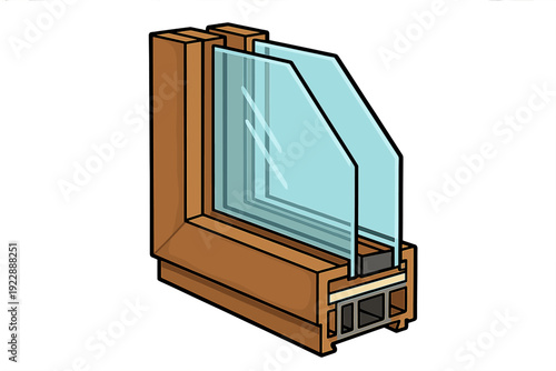 This illustration shows a cross-section of a double-glazed window unit with a brown frame, highlighting the internal chambers and two glass panes on a black background.